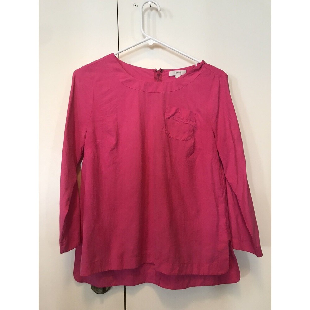 J.CREW Womens Shirt Top Hot Pink Silk Blouse Crew Neck Pocket Long Sleeve Size 2